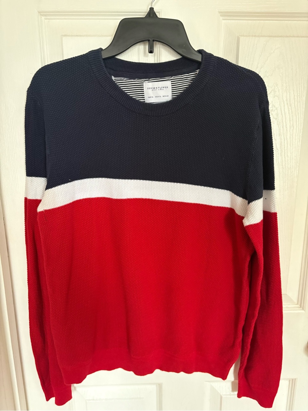 Denim & Flower Navy, White & Red Colorblock Crewneck Sweater